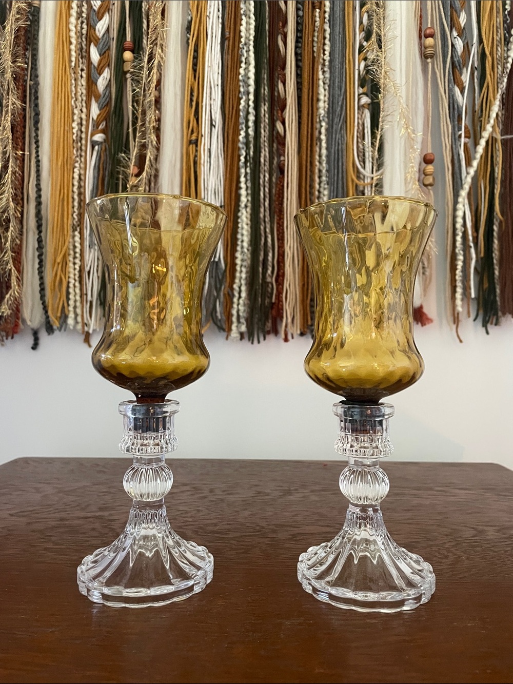 Amber Glass votives with Clear Crystal Stems - Pair